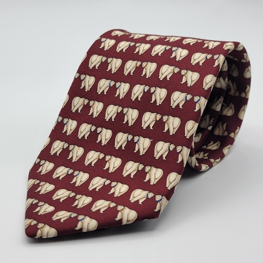 Brooks Brothers Mens Silk Polar Bears Tie Burgundy White Neck Tie USA